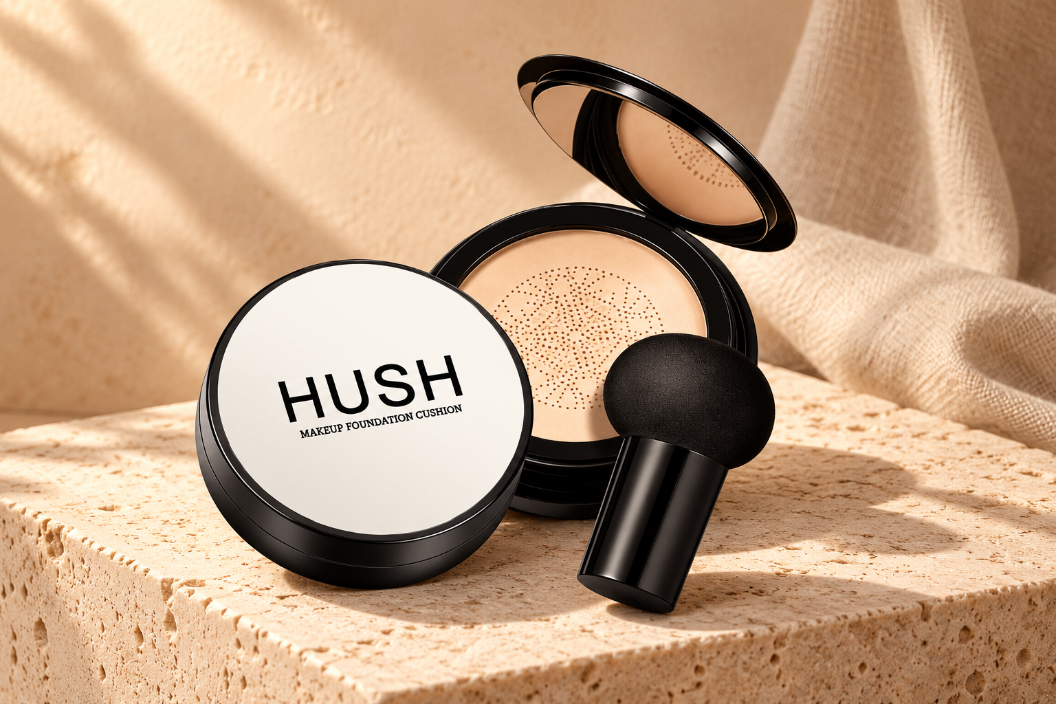 HUSH cushion foundation compact and mushroom sponge on warm natural stone